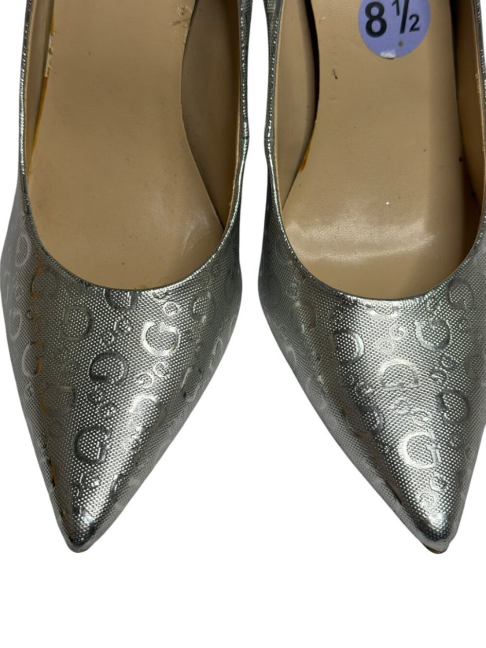 Guess Trace Pumps Shoes Stiletto Heel Logo Pointed Toe Metallic Silver 8.5 - Picture 13 of 13